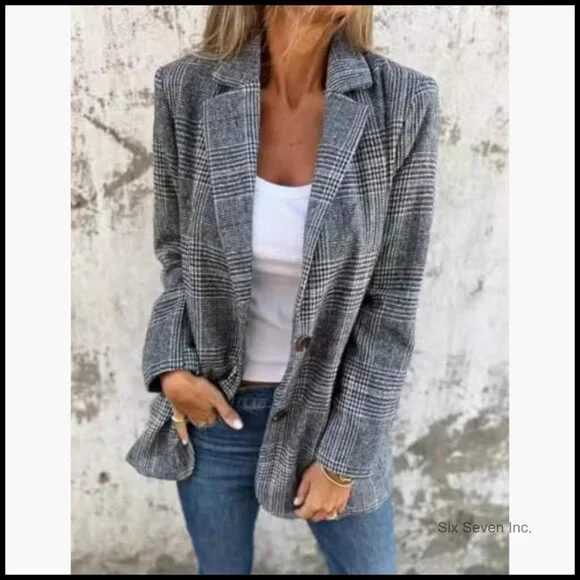 Tweed Blazer with Notch Lapel, Long Sleeve, 100% Polyester